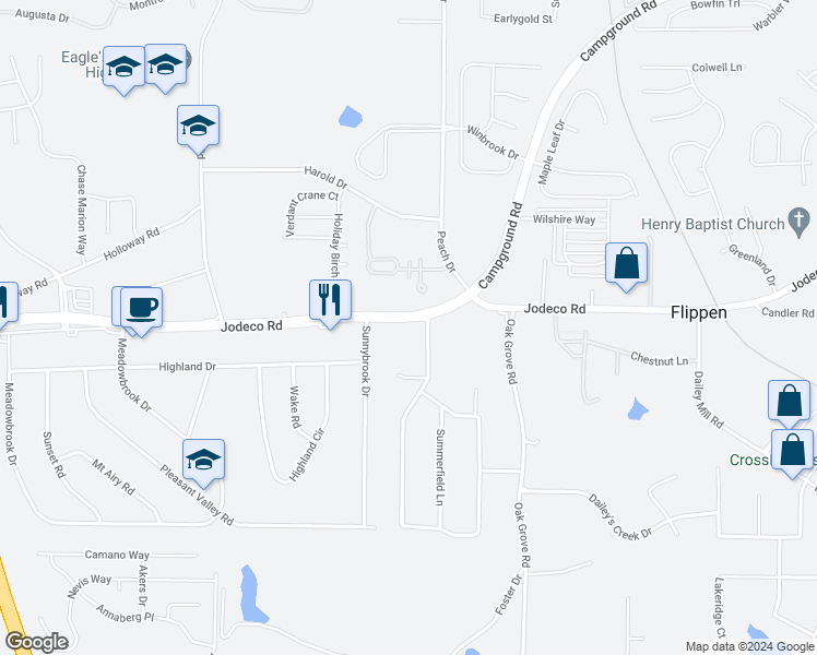 map of restaurants, bars, coffee shops, grocery stores, and more near 3540 Jodeco Road in McDonough