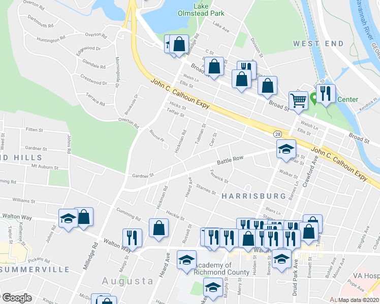 map of restaurants, bars, coffee shops, grocery stores, and more near 551 Tubman Street in Augusta