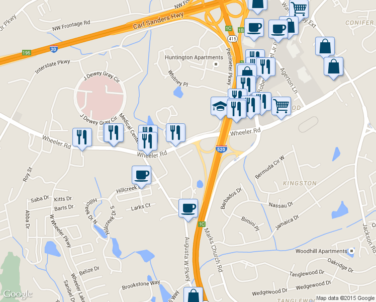map of restaurants, bars, coffee shops, grocery stores, and more near 1202 George C Wilson Dr in Augusta