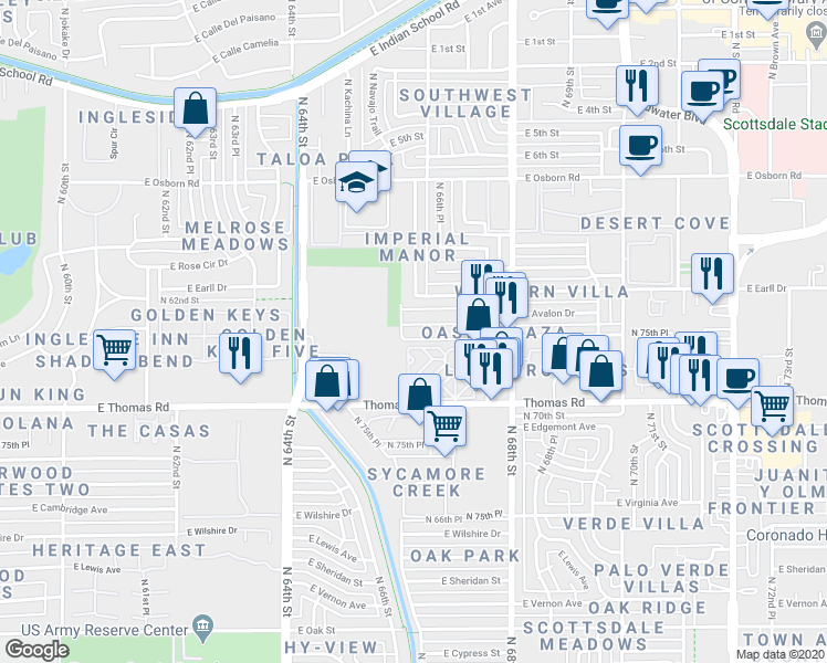 map of restaurants, bars, coffee shops, grocery stores, and more near 6602 East Avalon Drive in Scottsdale