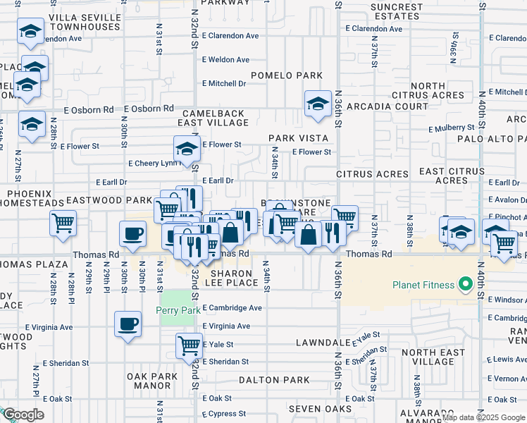map of restaurants, bars, coffee shops, grocery stores, and more near 3026 North 33rd Place in Phoenix