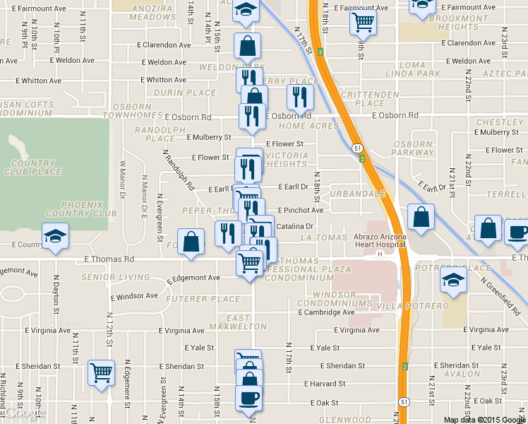 map of restaurants, bars, coffee shops, grocery stores, and more near 1620 East Pinchot Avenue in Phoenix