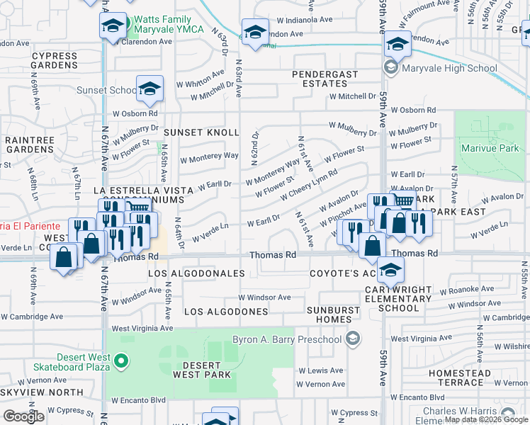 map of restaurants, bars, coffee shops, grocery stores, and more near 6216 West Cheery Lynn Road in Phoenix