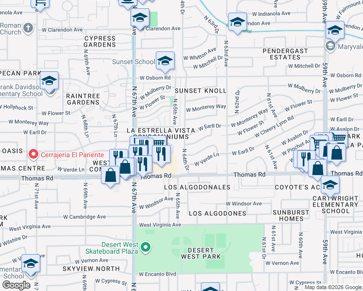 map of restaurants, bars, coffee shops, grocery stores, and more near 3031 North 64th Drive in Phoenix