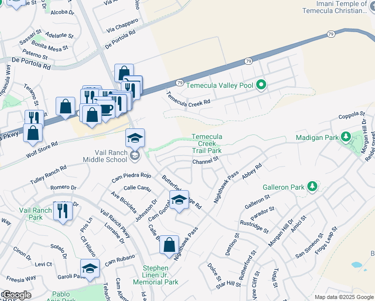 map of restaurants, bars, coffee shops, grocery stores, and more near 33512 Winston Way in Temecula