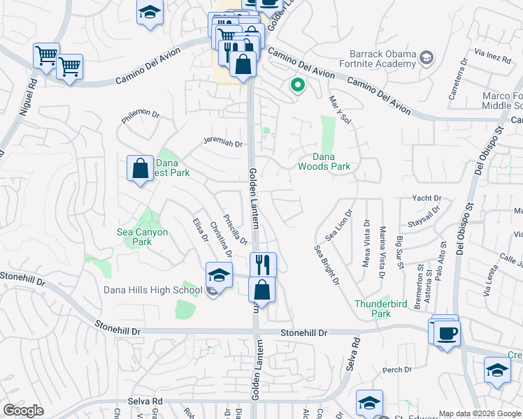 map of restaurants, bars, coffee shops, grocery stores, and more near 33046 Ocean Ridge in Dana Point
