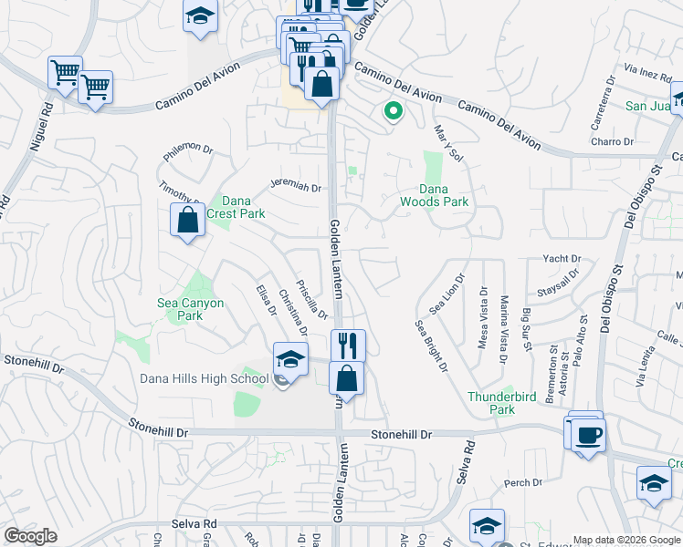 map of restaurants, bars, coffee shops, grocery stores, and more near 33046 Ocean Ridge in Dana Point