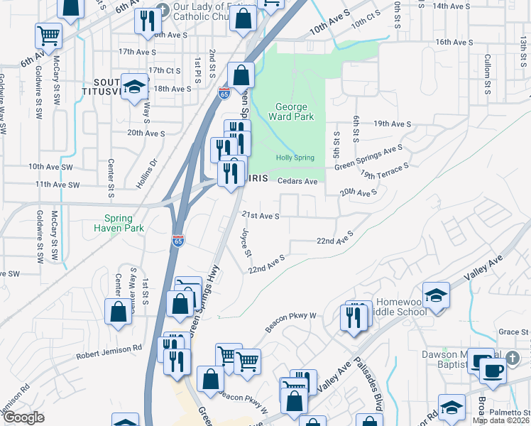 map of restaurants, bars, coffee shops, grocery stores, and more near 250 21st Avenue South in Birmingham