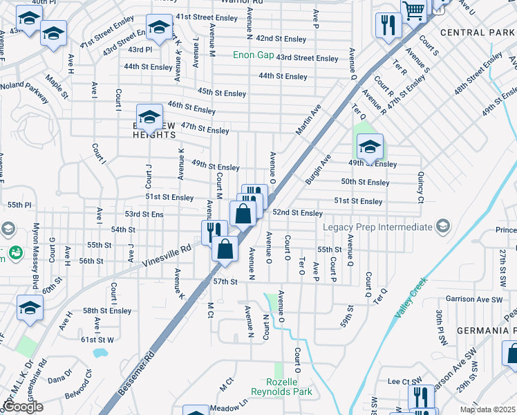 map of restaurants, bars, coffee shops, grocery stores, and more near 1404 Bessemer Road in Birmingham