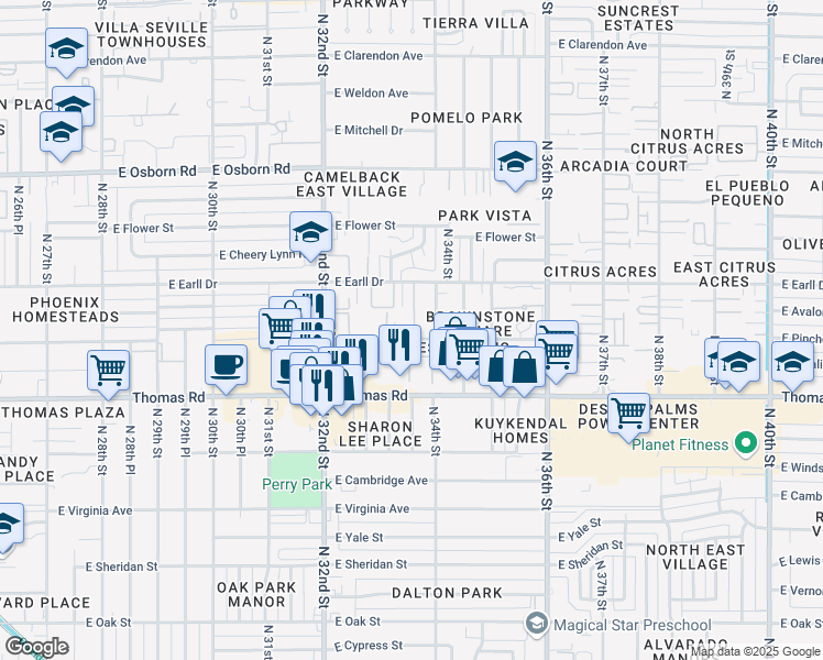 map of restaurants, bars, coffee shops, grocery stores, and more near 3026 North 33rd Place in Phoenix