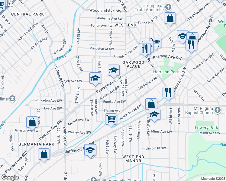 map of restaurants, bars, coffee shops, grocery stores, and more near 1848 Steiner Avenue Southwest in Birmingham