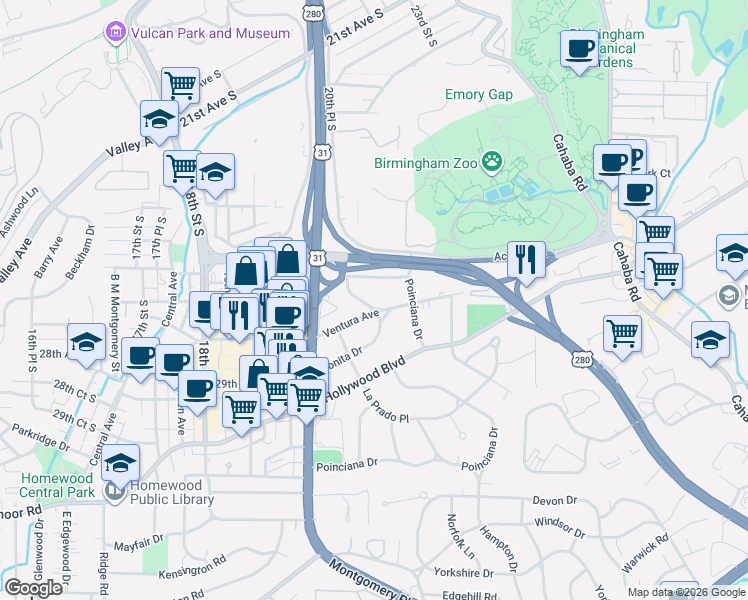 map of restaurants, bars, coffee shops, grocery stores, and more near 109 Hermosa Drive in Birmingham
