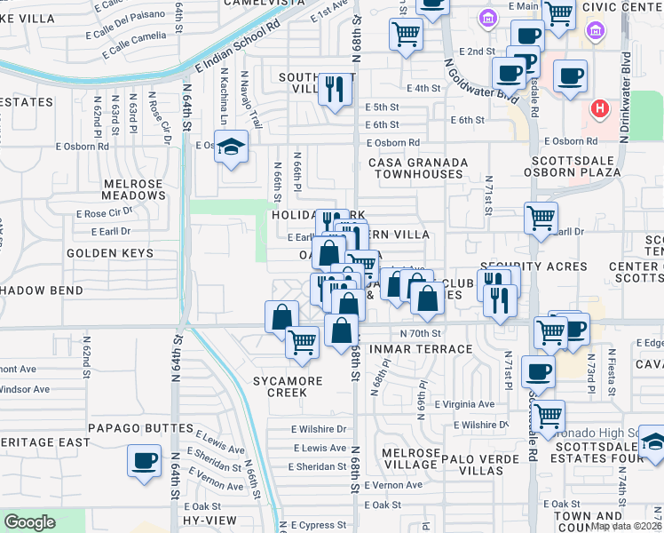 map of restaurants, bars, coffee shops, grocery stores, and more near 6728 East Avalon Drive in Scottsdale