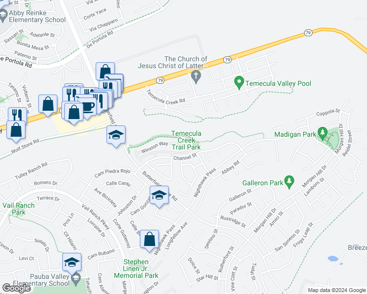 map of restaurants, bars, coffee shops, grocery stores, and more near 33631 Winston Way in Temecula