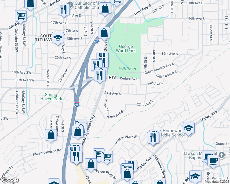 map of restaurants, bars, coffee shops, grocery stores, and more near 250 21st Avenue South in Birmingham