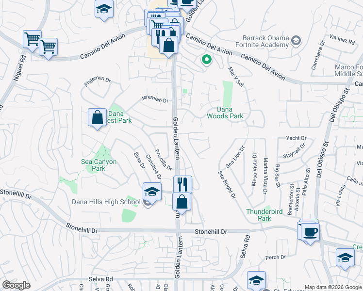 map of restaurants, bars, coffee shops, grocery stores, and more near 33046 Ocean Ridge in Dana Point