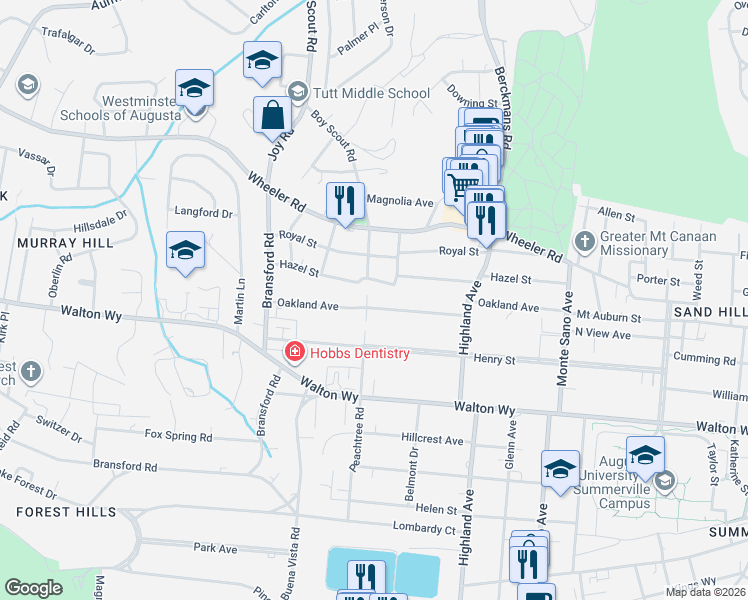 map of restaurants, bars, coffee shops, grocery stores, and more near 2756 Hazel Street in Augusta