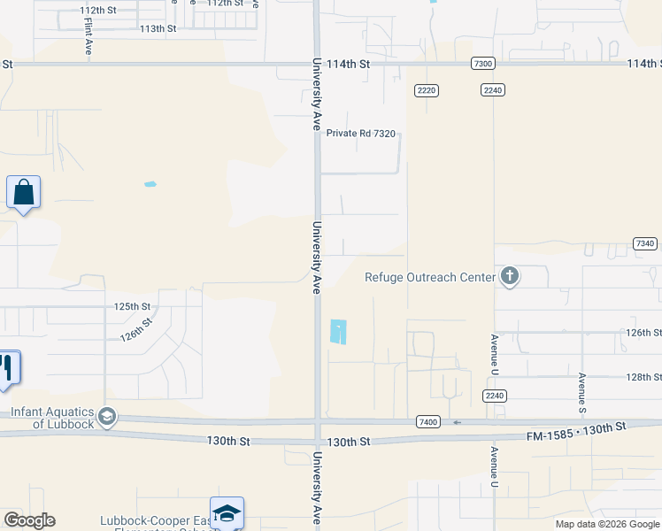 map of restaurants, bars, coffee shops, grocery stores, and more near 12411 University Avenue in Lubbock