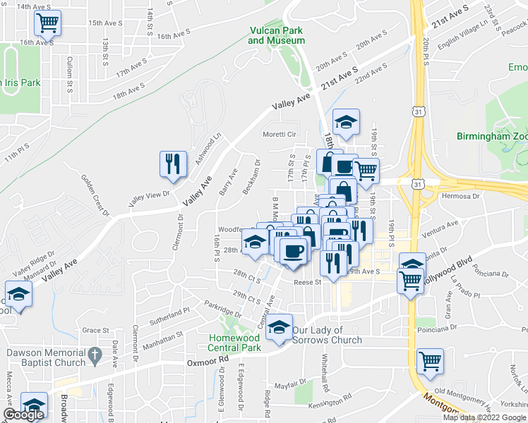 map of restaurants, bars, coffee shops, grocery stores, and more near 2609 Woodfern Court in Birmingham