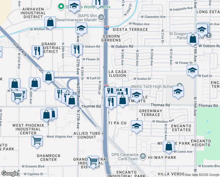 map of restaurants, bars, coffee shops, grocery stores, and more near 3001 North Black Canyon Highway in Phoenix