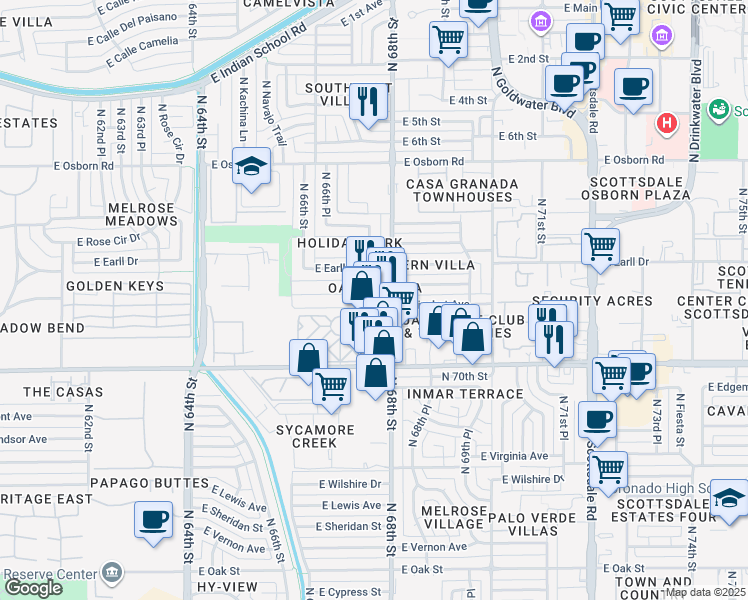 map of restaurants, bars, coffee shops, grocery stores, and more near 6728 East Avalon Drive in Scottsdale