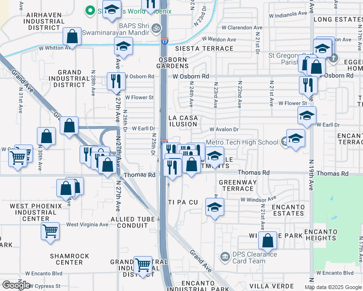 map of restaurants, bars, coffee shops, grocery stores, and more near 3020 North 24th Drive in Phoenix