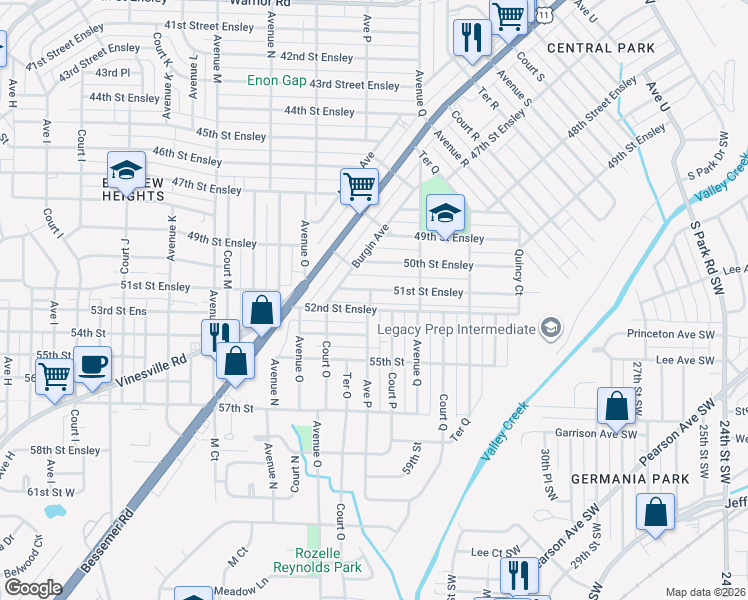 map of restaurants, bars, coffee shops, grocery stores, and more near 5115 Avenue P in Birmingham