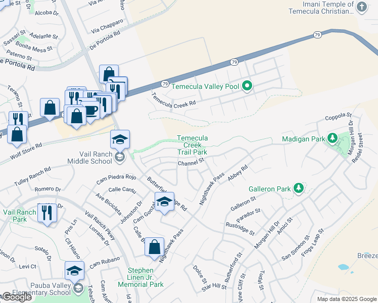 map of restaurants, bars, coffee shops, grocery stores, and more near 33631 Winston Way in Temecula