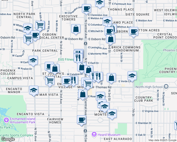 map of restaurants, bars, coffee shops, grocery stores, and more near 3003 North Central Avenue in Phoenix
