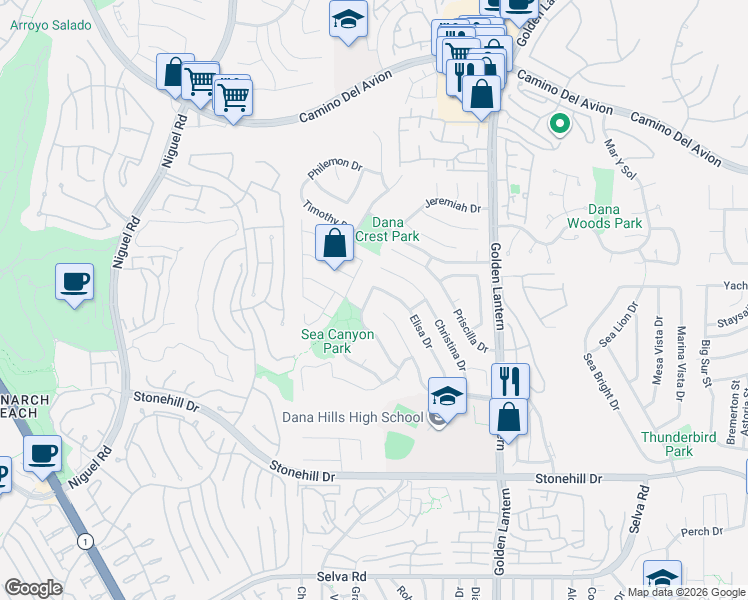 map of restaurants, bars, coffee shops, grocery stores, and more near 33051 Santiago Drive in Dana Point