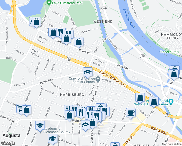 map of restaurants, bars, coffee shops, grocery stores, and more near 1843 Hicks Street in Augusta