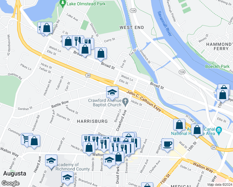 map of restaurants, bars, coffee shops, grocery stores, and more near 1838 Greene Street in Augusta