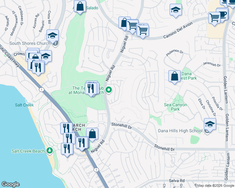 map of restaurants, bars, coffee shops, grocery stores, and more near 37 Centre Court in Dana Point