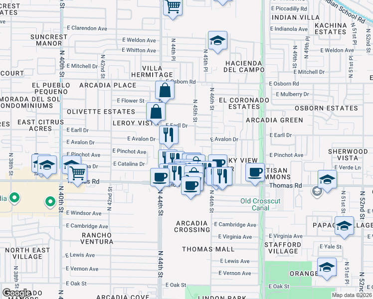 map of restaurants, bars, coffee shops, grocery stores, and more near 3020 North 46th Street in Phoenix