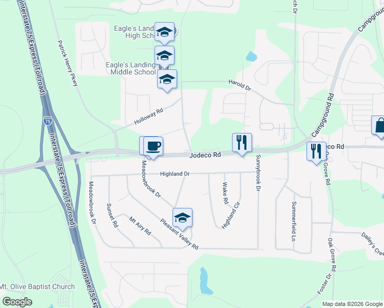 map of restaurants, bars, coffee shops, grocery stores, and more near 3283 Jodeco Road in McDonough