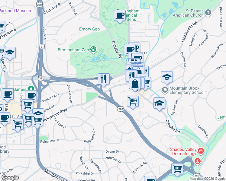 map of restaurants, bars, coffee shops, grocery stores, and more near 409 Hollywood Boulevard in Birmingham