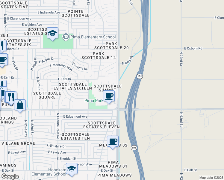 map of restaurants, bars, coffee shops, grocery stores, and more near 8781 East Avalon Drive in Scottsdale