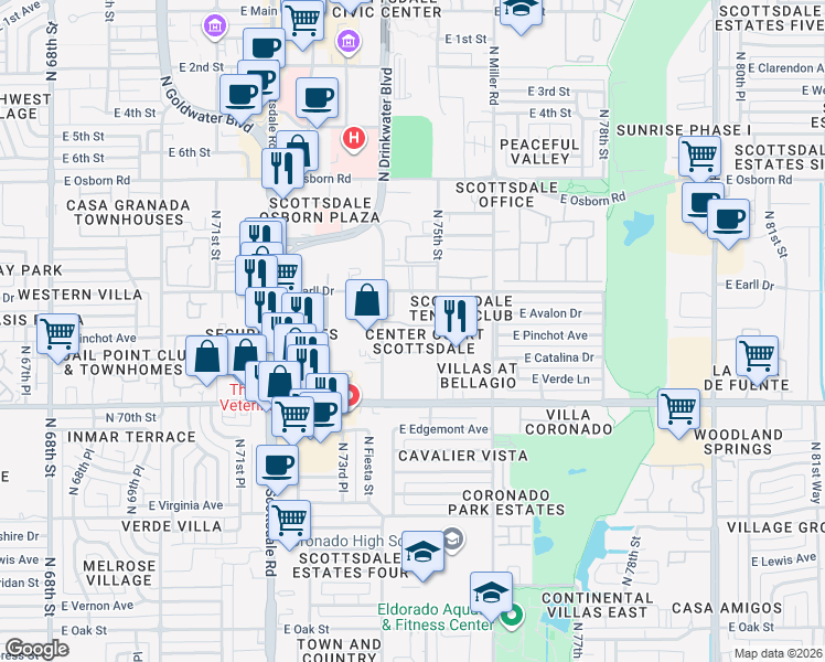 map of restaurants, bars, coffee shops, grocery stores, and more near 3031 North Civic Center Plaza in Scottsdale