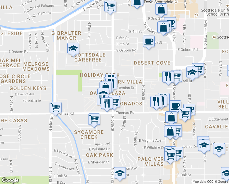 map of restaurants, bars, coffee shops, grocery stores, and more near 6801 East Avalon Drive in Scottsdale