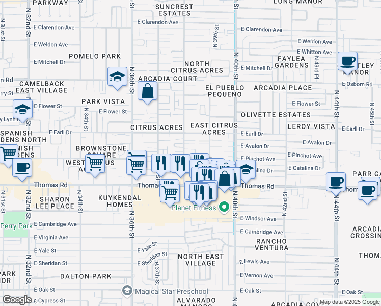 map of restaurants, bars, coffee shops, grocery stores, and more near 3017 North 38th Street in Phoenix