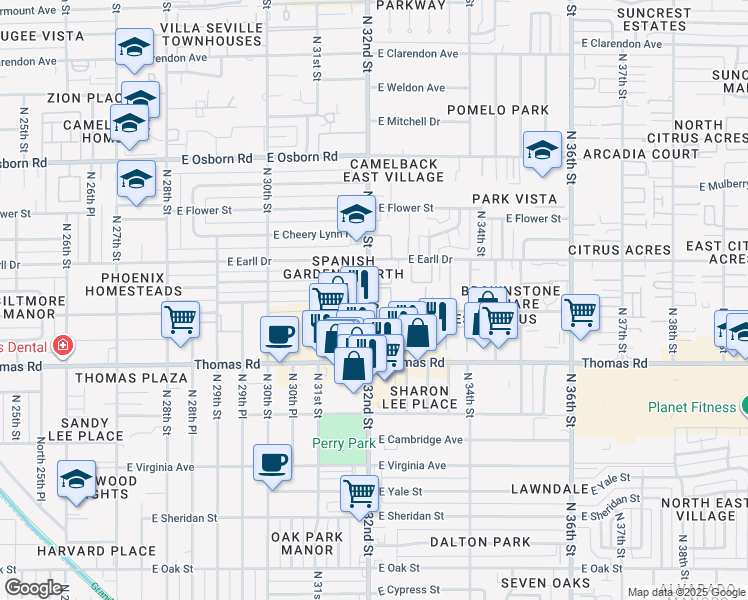 map of restaurants, bars, coffee shops, grocery stores, and more near 3001 North 32nd Street in Phoenix