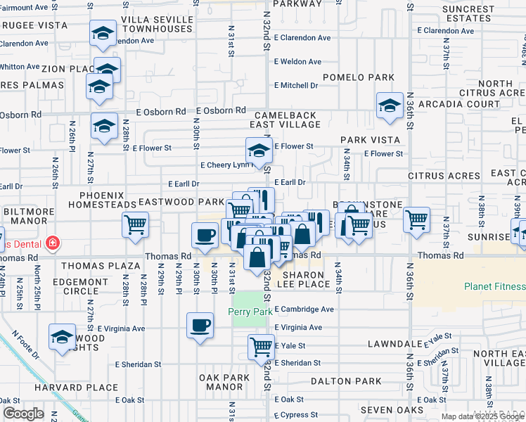 map of restaurants, bars, coffee shops, grocery stores, and more near 3001n North 32nd Street in Phoenix
