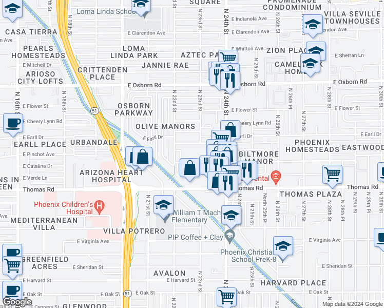 map of restaurants, bars, coffee shops, grocery stores, and more near 2219 East Earll Drive in Phoenix