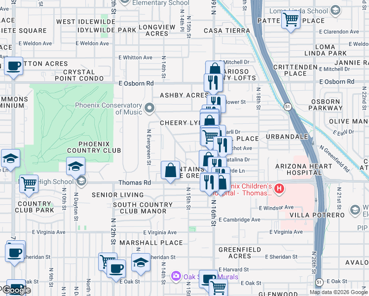 map of restaurants, bars, coffee shops, grocery stores, and more near 3026 North 15th Street in Phoenix