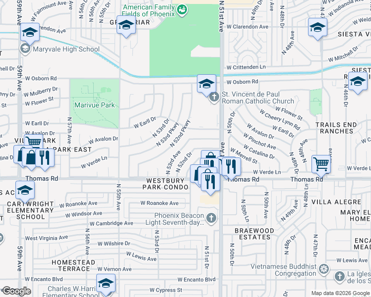 map of restaurants, bars, coffee shops, grocery stores, and more near 5208 West Catalina Drive in Phoenix