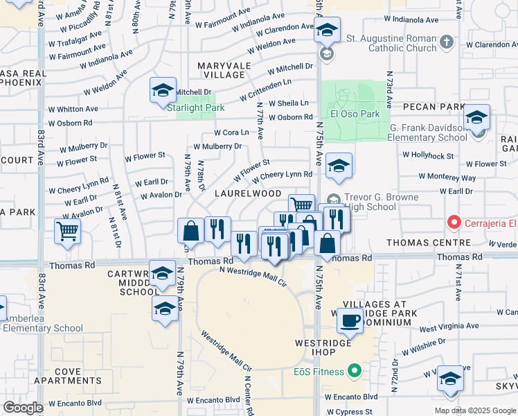 map of restaurants, bars, coffee shops, grocery stores, and more near 7630 West Avalon Drive in Phoenix