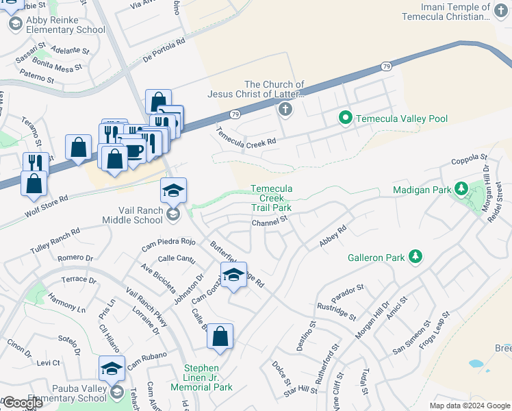 map of restaurants, bars, coffee shops, grocery stores, and more near 33592 Winston Way in Temecula