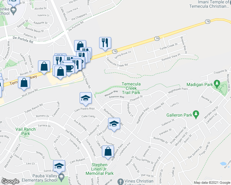map of restaurants, bars, coffee shops, grocery stores, and more near 33512 Winston Way in Temecula