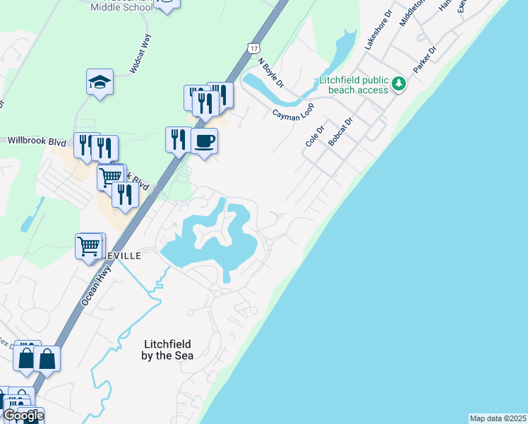 map of restaurants, bars, coffee shops, grocery stores, and more near 112 Compass Court in Pawleys Island