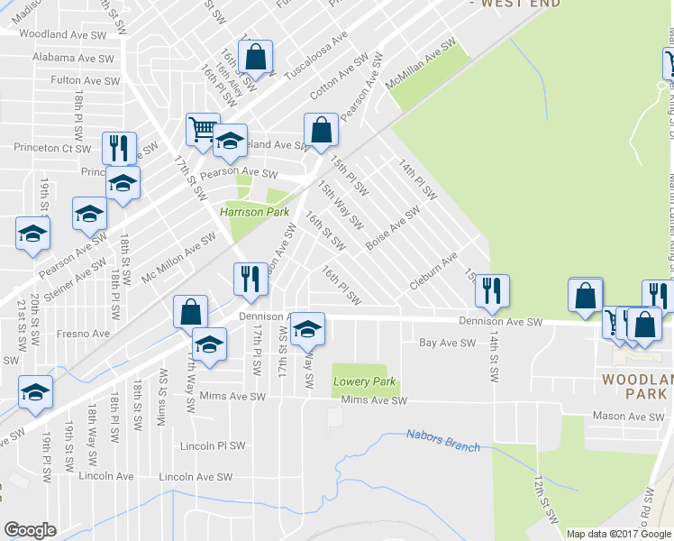 map of restaurants, bars, coffee shops, grocery stores, and more near 1201 16th Place Southwest in Birmingham